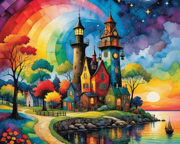 Whimsical Castle Scene by Tranquil Lake at Sunset