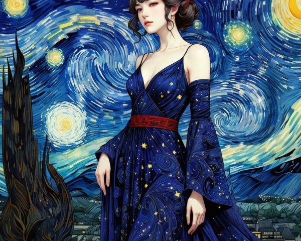 Woman in Blue Gown Against Starry Night Sky