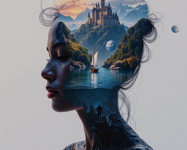 Silhouette of a woman's head with a fantasy landscape