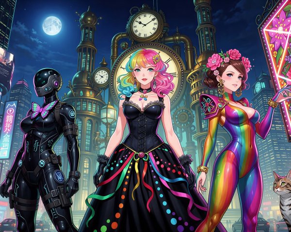 Anime Women in Futuristic City at Night