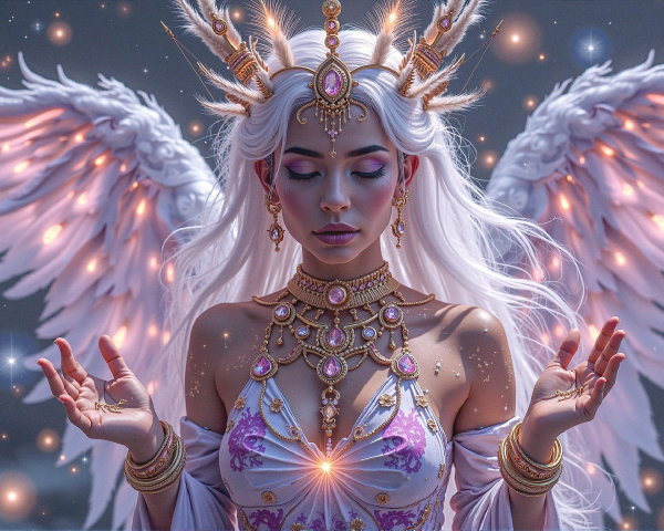 Serene figure with wings and flowing hair in meditation
