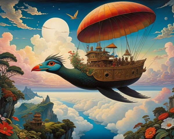 Whimsical Airship in Vibrant Sky Over Mountains