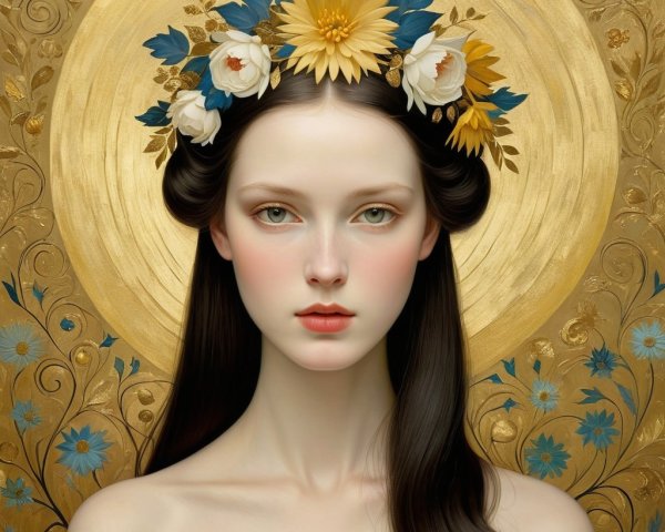 Serene Young Woman with Floral Crown and Gold Background