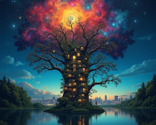 Majestic Tree with Galaxy Over Lake at Sunset