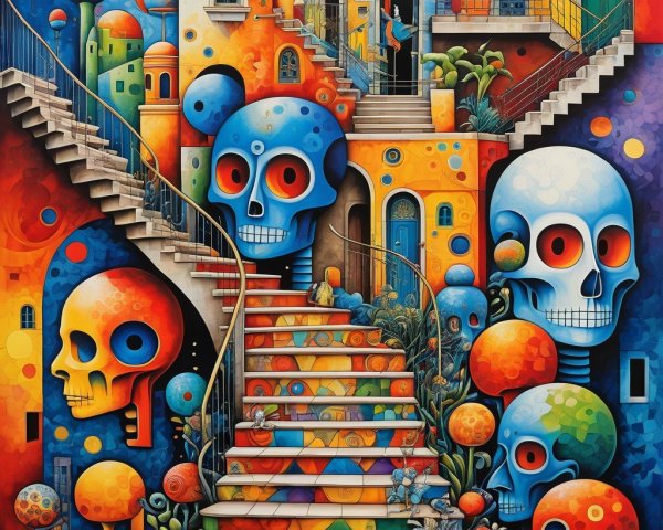 Surreal Artwork with Colorful Buildings and Patterns