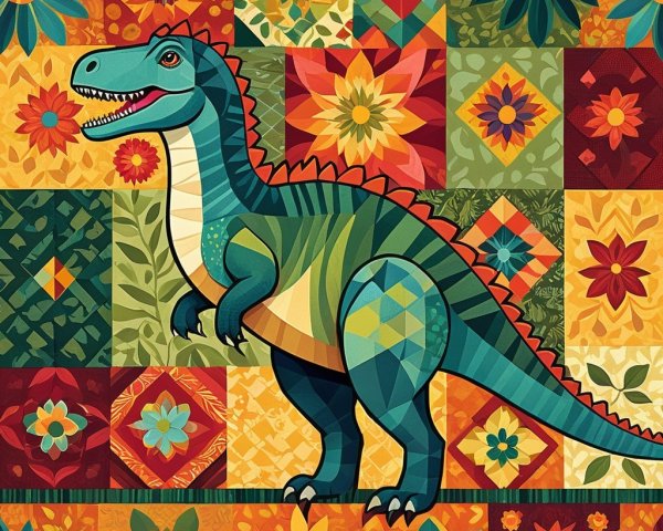 Vibrant Dinosaur Against Colorful Patchwork Background