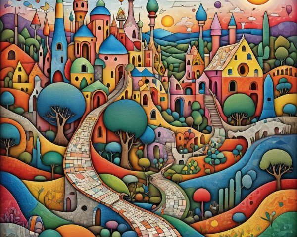 Vibrant Whimsical Landscape with Colorful Village