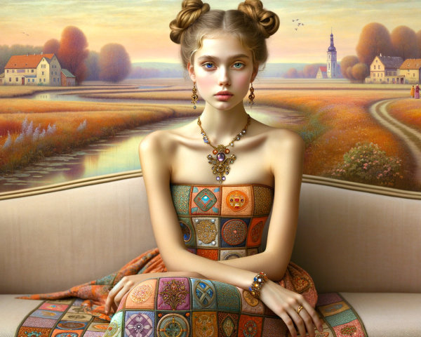 Young Woman in Colorful Gown on Beige Sofa with Landscape