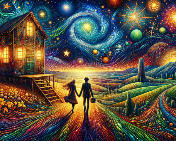 Colorful Dreamlike Landscape with Whimsical Elements