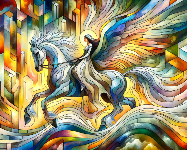 Abstract Illustration of Ethereal Figure on Winged Horse