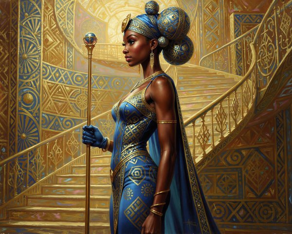 Regal Woman in Blue and Gold Gown with Staff