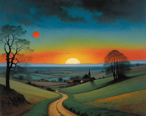 Serene Dusk Landscape with Rolling Hills and Village