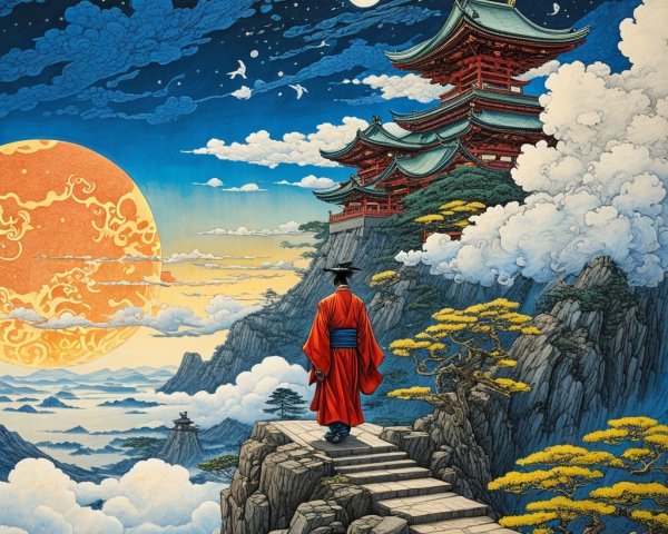Solitary Figure in Red Robe Overlooking Majestic Landscape