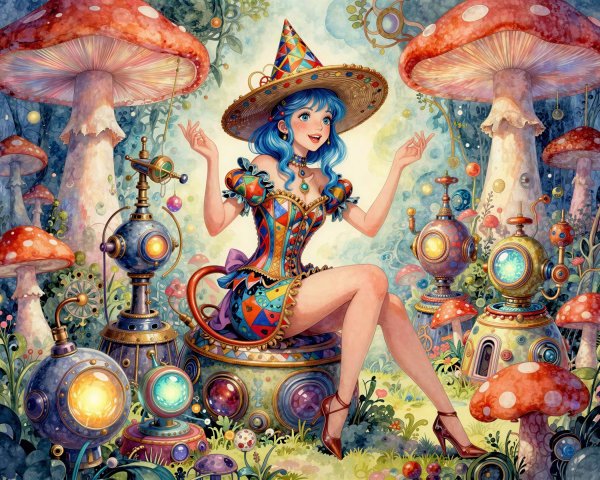 Cartoonish Woman in a Magical Mushroom Forest Scene