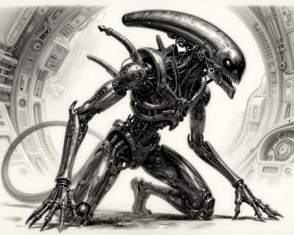 Graphite Drawing of Detailed Bio-Mechanical Alien Xenomorph