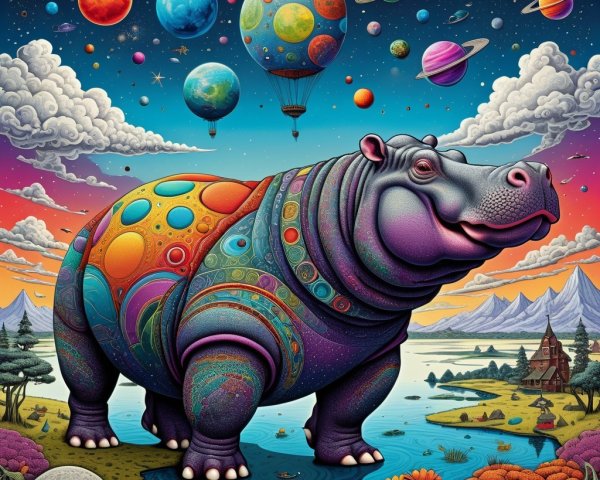 Whimsical Hippopotamus by a Cosmic Lake Scene