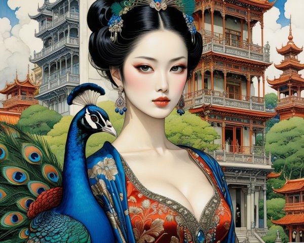 Elegant Woman in Traditional Attire with Peacock