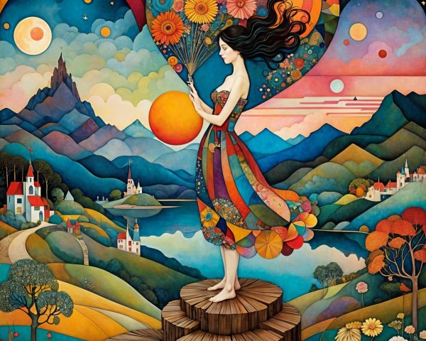Colorful Artwork of Woman in Patchwork Dress and Landscape