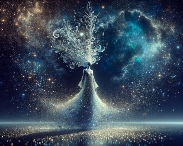 Ethereal Figure Against Cosmic Backdrop with Patterns