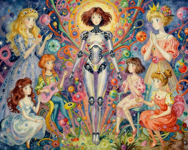 Anime-Style Watercolor Painting of Seven Characters