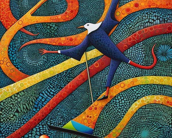 Vibrant Abstract Scene with Stylized Bird Figure