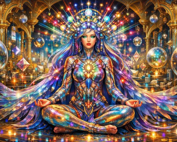 Psychedelic Goddess in Meditative Pose with Vibrant Colors