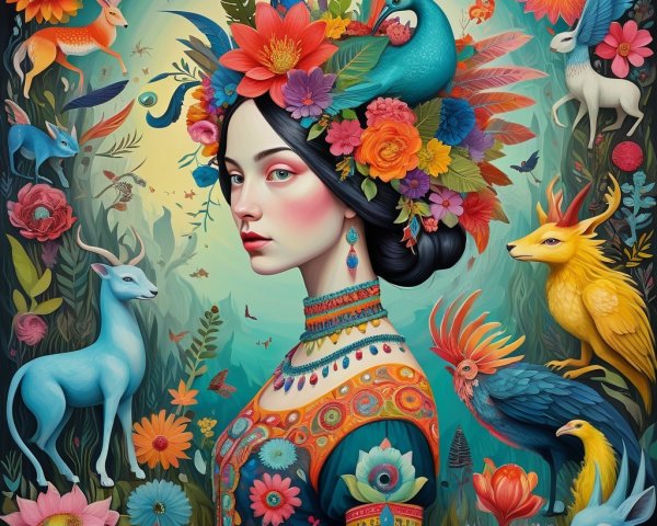 Vibrant Portrait of Woman with Floral Crown and Animals