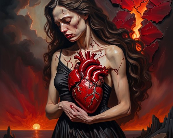 Forlorn Woman with Blood-Red Heart at Sunset