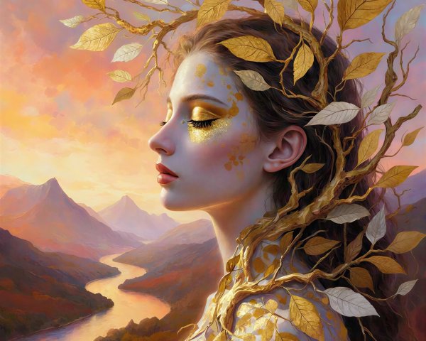 Woman in Golden Crown Against Sunset Sky