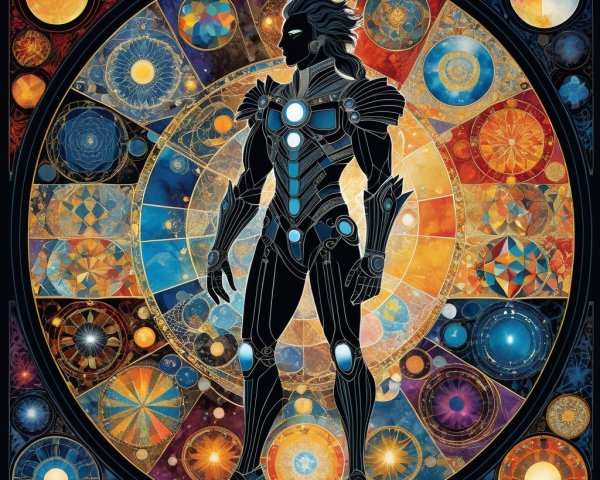 Futuristic Figure Against Kaleidoscopic Celestial Backdrop