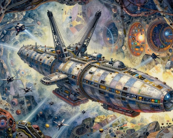 Detailed Artwork of a Massive Elongated Spaceship
