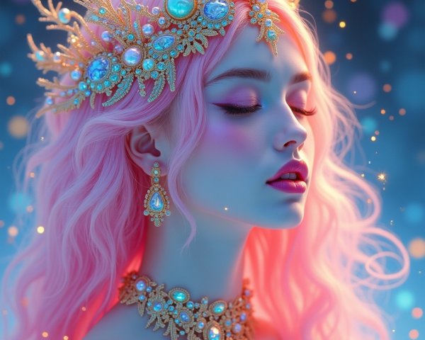 Young woman with pastel pink hair and crown accessories