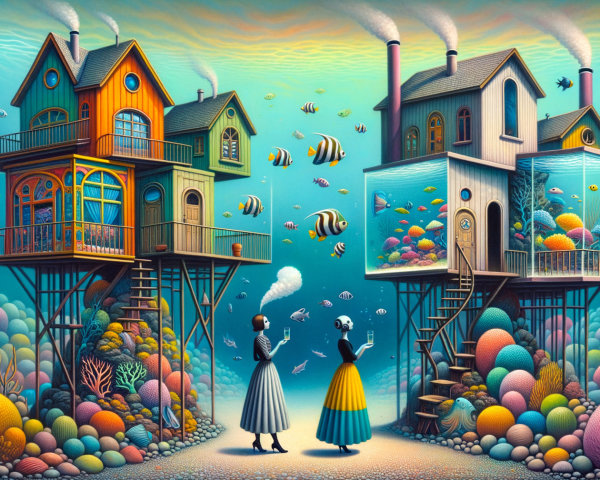 Underwater Landscape with Colorful Houses and Coral Reefs