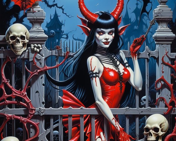 Gothic Scene with Horned Figure and Eerie Moonlight