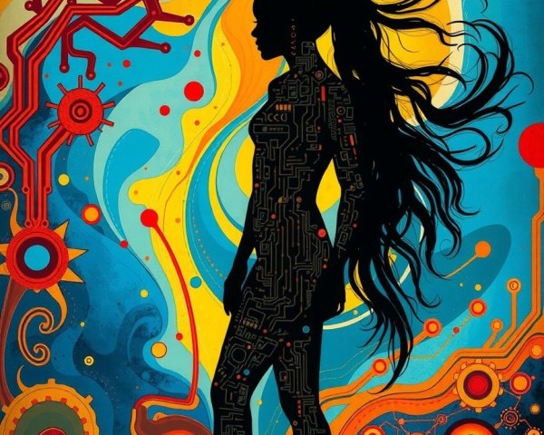 Silhouette of a Woman with Circuit Patterns and Colors