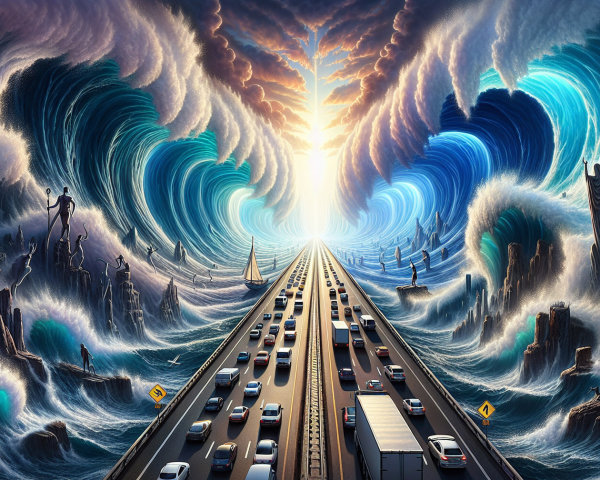 Surreal Highway Scene with Waves and Sailboats