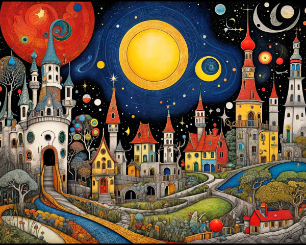 Whimsical Landscape with Colorful Castles and Cosmos