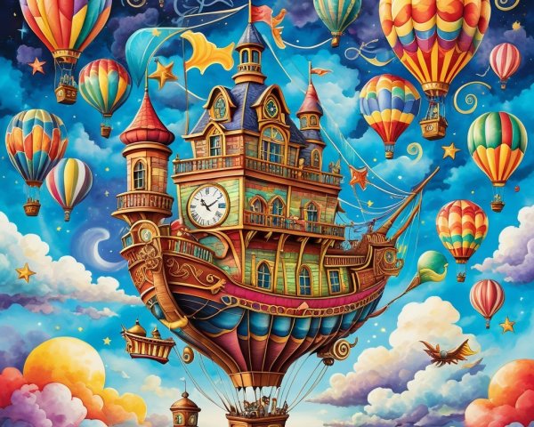 Whimsical Airship Scene with Hot Air Balloons and Sunset