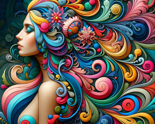 Artistic Profile of a Woman with Colorful Hair Patterns