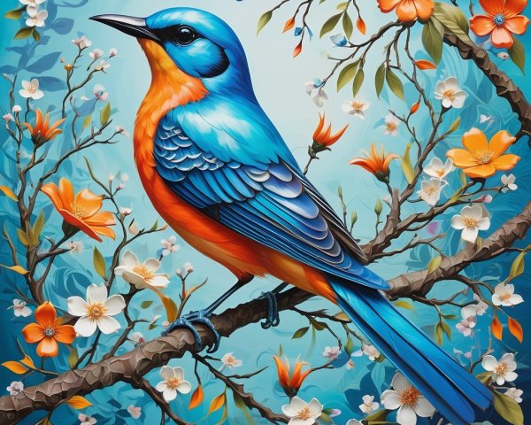 Vibrantly Colored Bird on Floral Branch in Spring Scene