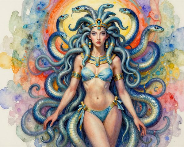 Watercolor Painting of Medusa-like Woman with Snakes