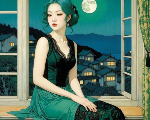 Young woman with green hair gazing out a window