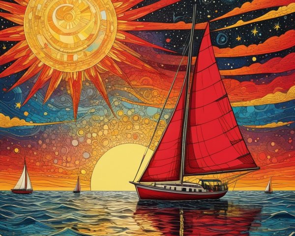 Celestial Mosaic with Sun and Sailboat in Ocean Scene