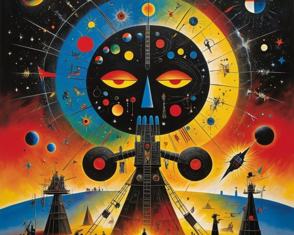 Vibrant Cosmic Scene with Planets and Silhouetted Figures