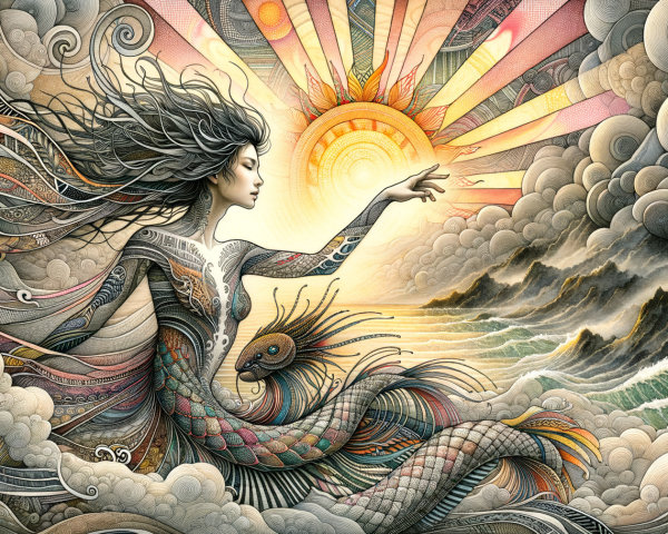 Mystical Woman on Clouds with Radiant Sun and Waves