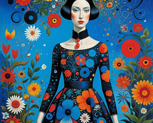 Vibrant Artwork of Woman in Floral Dress and Swirls