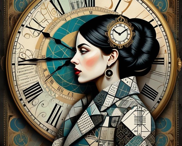 Woman in Profile with Vintage Clock and Architectural Patterns