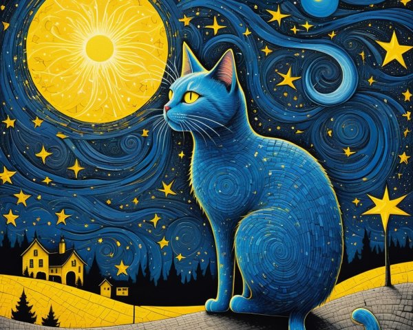 Whimsical Blue Cat on Hillside Under Starry Sky