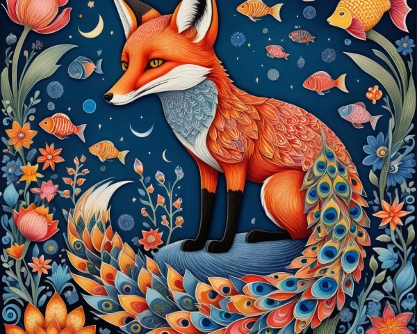 Illustration of a fox with orange fur on blue background