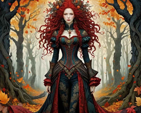 Regal figure in mystical autumn forest setting